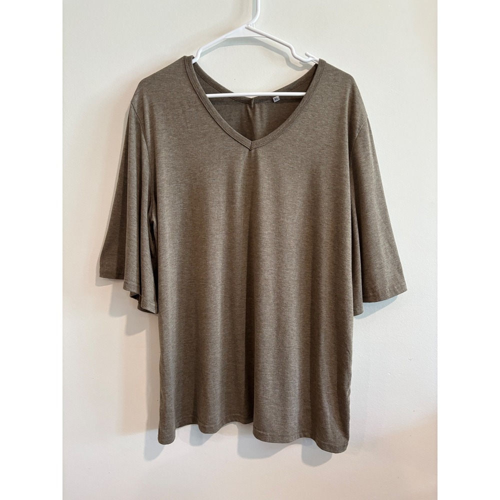 Flutter Sleeve V-Neck Top Women XL Brown Heathered Relaxed Fit